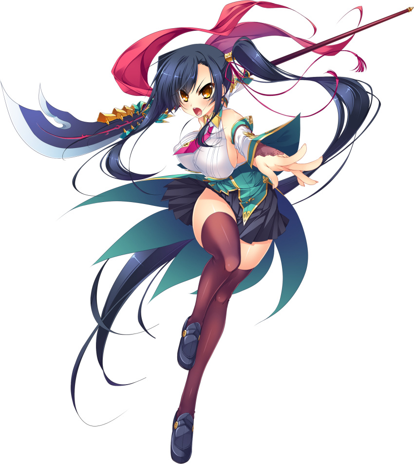 1girl absurdres artist_request bare_shoulders black_legwear blue_hair breasts detached_sleeves full_body highres holding holding_weapon kan'u katagiri_hinata koihime_musou large_breasts long_hair looking_at_viewer naginata necktie polearm shoes skirt solo thigh-highs transparent_background weapon yellow_eyes zettai_ryouiki