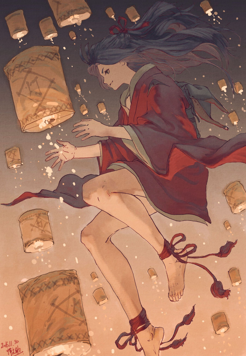 1girl absurdres ankle_wraps barefoot black_hair dated floating floating_hair gradient gradient_background hair_ribbon hands_up highres japanese_clothes kimono lantern original paper_lantern profile ribbon signature smirk solo texture zennosuke