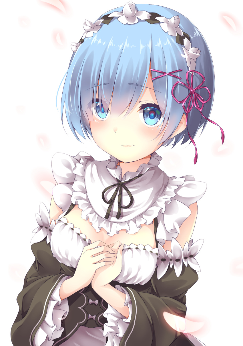 1girl absurdres amane_tari bangs black_ribbon blue_eyes blue_hair blush breasts cleavage collar commentary detached_collar detached_sleeves eyebrows eyebrows_visible_through_hair frilled_collar frilled_sleeves frills hair_ornament hair_over_one_eye hands_on_own_chest highres light_smile looking_at_viewer maid maid_headdress medium_breasts own_hands_together petals purple_ribbon re:zero_kara_hajimeru_isekai_seikatsu rem_(re:zero) ribbon short_hair simple_background smile solo white_background x_hair_ornament