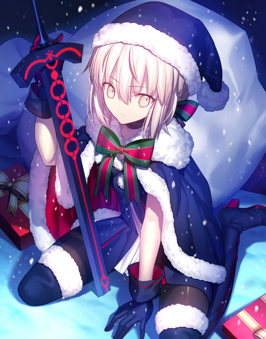 &gt;:( 1girl bangs black_gloves black_legwear bow bowtie box cape closed_mouth dark_excalibur fate/grand_order fate_(series) fur_trim gift gift_box gloves grey_eyes hair_bow hat highres holding holding_sword holding_weapon looking_at_viewer pantyhose planted_weapon saber saber_alter sack santa_hat shinooji silver_hair sitting snow snowing solo striped striped_bow striped_bowtie sword thigh-highs wariza weapon