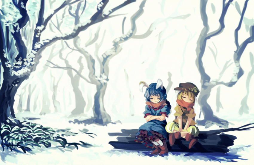 2girls akaiha_(akaihagusk) animal_ears bare_tree blonde_hair blue_dress blue_hair blush boots brown_boots brown_hat closed_eyes cold dress ear_clip flat_cap floppy_ears forest frilled_dress frills grass hat highres indian_style log multiple_girls nature orange_scarf orange_shirt outdoors rabbit_ears ringo_(touhou) scarf seiran_(touhou) shirt shorts sitting snow striped striped_shorts touhou tree wavy_mouth winter yellow_shorts