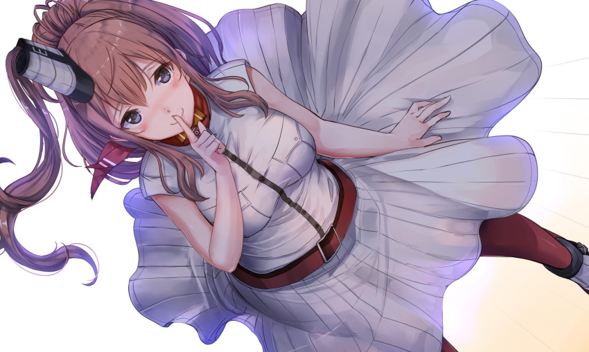 1girl akasaai arm_at_side blue_eyes blush bow breasts brown_hair dress dutch_angle from_above hair_between_eyes hair_bow highres index_finger_raised kantai_collection large_breasts light_smile long_hair looking_at_viewer outstretched_hand ponytail red_legwear saratoga_(kantai_collection) side_ponytail smokestack striped thigh-highs vertical-striped_dress vertical_stripes white_dress wind wind_lift