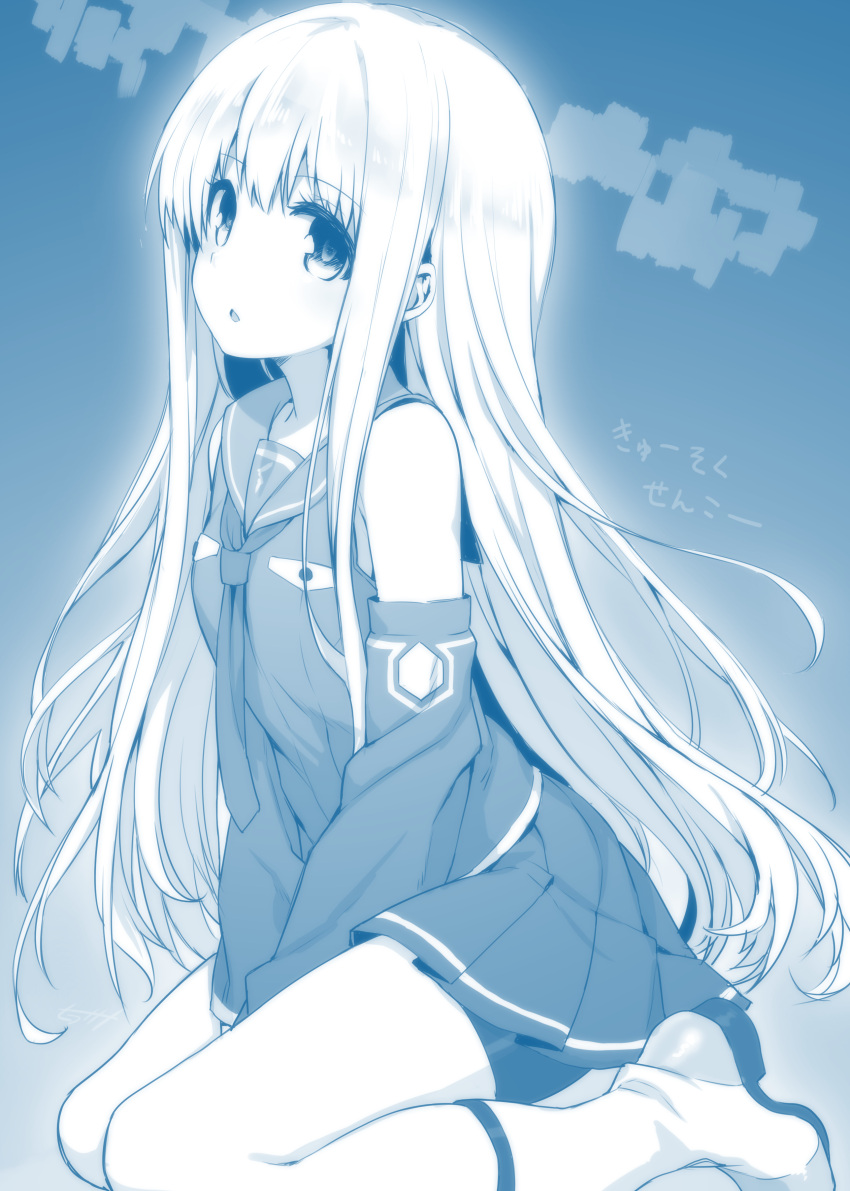 1girl absurdres aoki_hagane_no_arpeggio between_legs bike_shorts boots detached_sleeves greyscale hand_between_legs highres hirasato iona long_hair looking_at_viewer monochrome parted_lips personification pleated_skirt school_uniform serafuku sitting skirt solo translation_request v_arms wariza