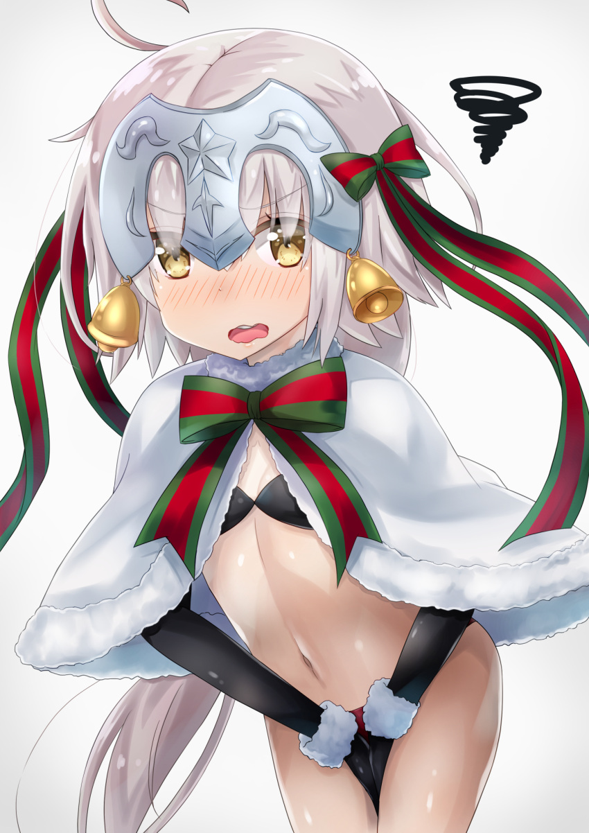 1girl ahoge bell bikini_top black_gloves blush capelet christmas covering covering_crotch cowboy_shot elbow_gloves embarrassed fate/grand_order fate_(series) flat_chest fur_trim gloves grey_hair headpiece highres jeanne_alter jeanne_alter_(santa_lily)_(fate) leaning_forward long_hair looking_at_viewer masaki_kazusa navel nose_blush open_mouth panties red_panties ribbon round_teeth ruler_(fate/apocrypha) simple_background solo squiggle star teeth underwear very_long_hair wavy_mouth white_background yellow_eyes