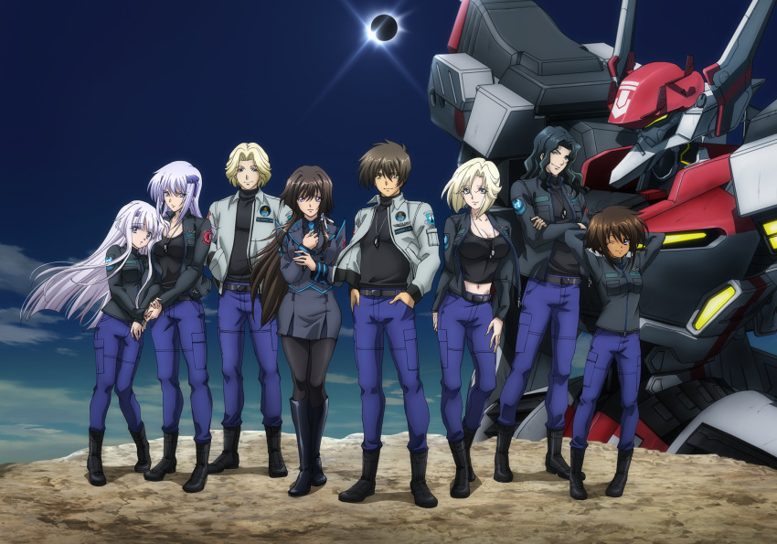 3boys 4girls arms_behind_head arms_up belt black_hair black_shrit blonde_hair blue_pants breasts brown_ahri brown_hair cleavage crossed_arms cryska_barchenowa dark_skin eclipse hands_in_pockets highres inia_sestina large_breasts long_hair looking_at_viewer mecha medium_breasts midriff military military_uniform multiple_boys multiple_girls muvluv muvluv_alternative muvluv_total_eclipse navel outdoors pants short_hair silver_hair smile stella_bremer takamura_yui tarisa_manandal uniform valerio_giacosa very_long_hair vincent_lowell yuuya_bridges