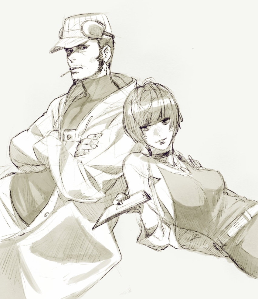 1boy 1girl 5plus5 breasts candy choker crossed_arms dress facial_hair food grey_background hat headphones highres iwai_munehisa labcoat lollipop long_coat looking_at_viewer lying monochrome mustache on_side persona persona_5 short_hair simple_background sketch stubble takemi_tae