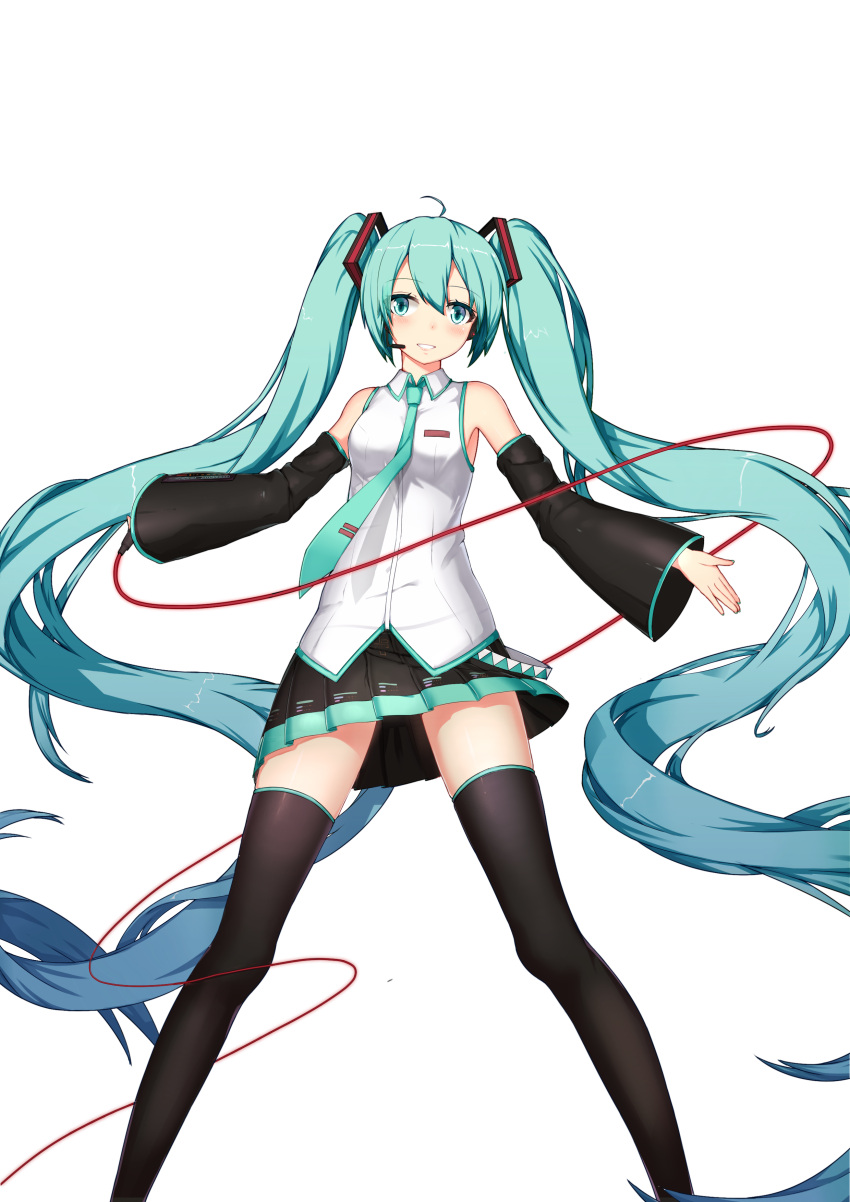 1girl :d absurdres ahoge aqua_eyes aqua_hair black_legwear cable commentary_request detached_sleeves hatsune_miku headset highres holding long_hair looking_at_viewer microphone necktie open_mouth outstretched_arms pleated_skirt simple_background skirt smile solo spread_arms sugar_sound thigh-highs twintails very_long_hair vocaloid white_background zettai_ryouiki