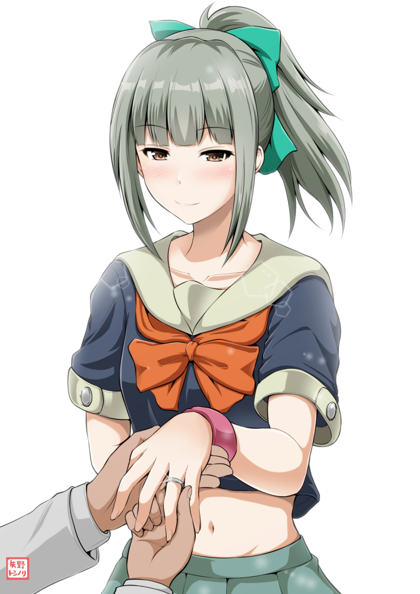 1boy 1girl bangs blunt_bangs blush bow breasts brown_eyes collarbone eyebrows eyebrows_visible_through_hair green_hair green_skirt hair_bow hand_on_another's_hand highres jacket jewelry kantai_collection long_sleeves looking_at_another midriff navel neckerchief outstretched_hand pink_wristband pleated_skirt ponytail ring sailor_collar sailor_shirt school_uniform serafuku shirt short_hair short_sleeves sidelocks simple_background skirt small_breasts smile upper_body wedding_band white_background white_jacket wristband yano_toshinori yuubari_(kantai_collection)