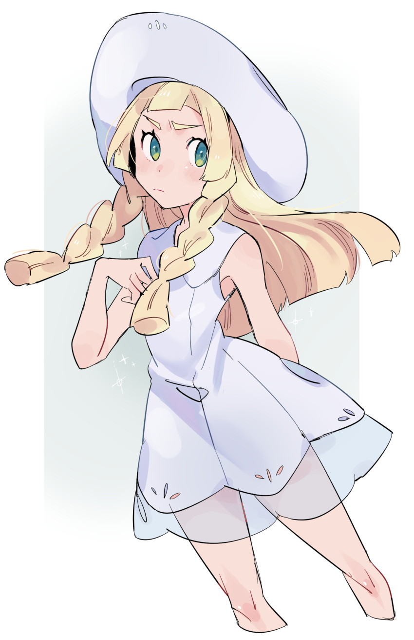 1girl bangs bare_arms blonde_hair blunt_bangs braid collared_dress cropped_legs dress green_eyes hat highres lillie_(pokemon) long_hair pokemon pokemon_(game) pokemon_sm poor_(artist) sleeveless sleeveless_dress solo sun_hat sundress twin_braids white_dress white_hat