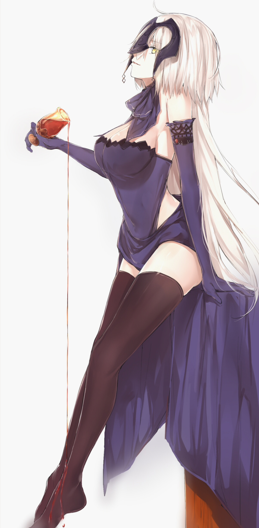 1girl absurdres alcohol black_legwear blue_dress blue_gloves breasts cleavage cup dress drinking_glass elbow_gloves fate/grand_order fate_(series) from_side full_body gloves headpiece highres holding holding_cup jeanne_alter large_breasts long_hair looking_at_viewer parted_lips profile ruler_(fate/apocrypha) silver_(chenwen) simple_background sitting sleeveless sleeveless_dress solo spilling thigh-highs white_background white_hair wine_glass yellow_eyes