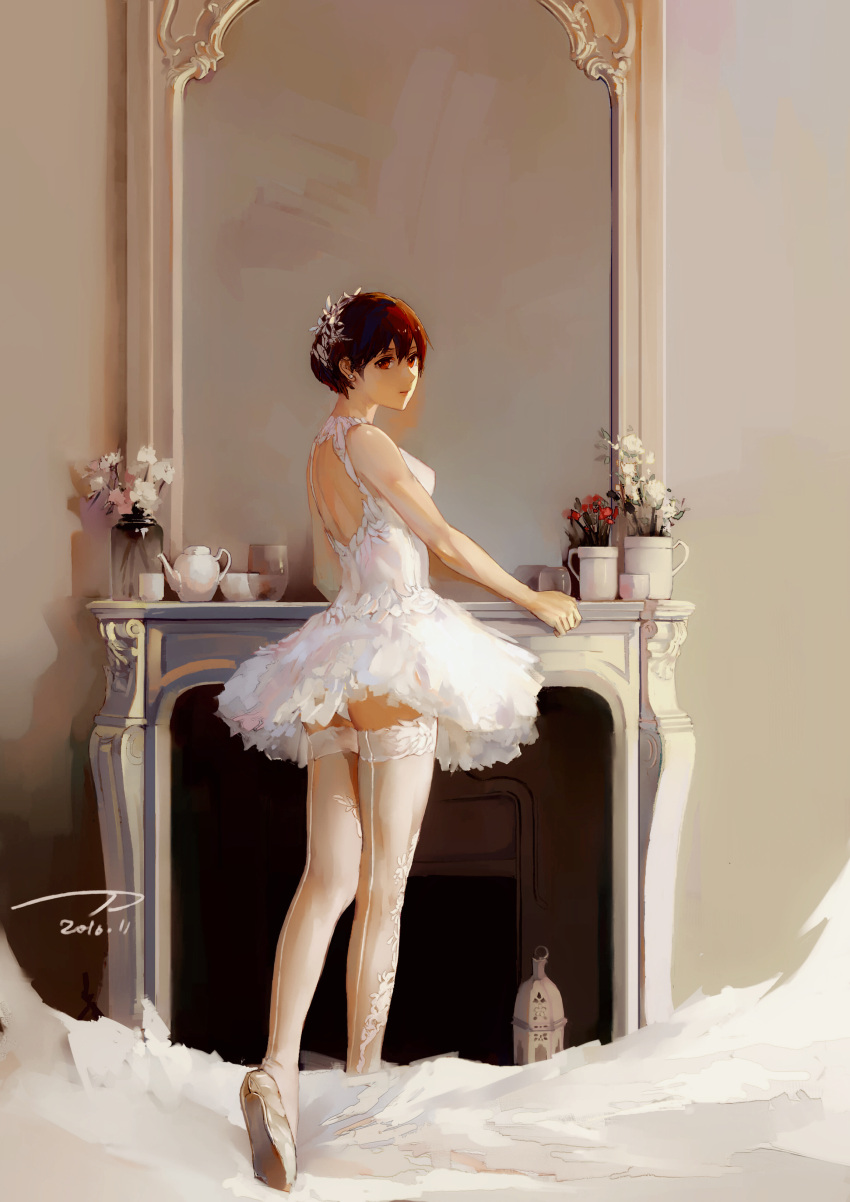 1girl absurdres back-seamed_legwear ballerina ballet_slippers brown_eyes brown_hair dated dress fireplace frilled_dress frills full_body highres ittou looking_back open-back_dress original seamed_legwear short_hair solo standing thigh-highs white_dress white_legwear