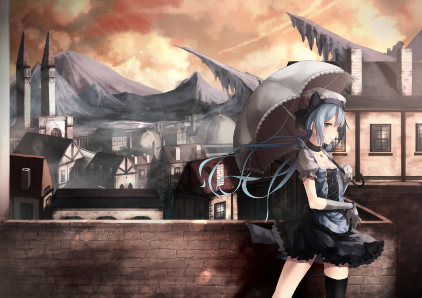 1girl asymmetrical_legwear blue_eyes blue_hair blurry chimney choker city cliff depth_of_field dome elbow_gloves fantasy gloves hat hill house lens_flare long_hair looking_at_viewer looking_to_the_side original parasol profile saraki scenery skirt smile solo thigh-highs tower umbrella wind