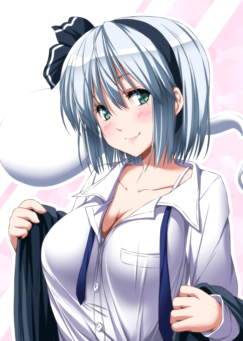 1girl black_ribbon black_vest blue_ribbon blush breasts cleavage closed_mouth collarbone commentary_request dress_shirt green_eyes hair_ribbon hairband highres konpaku_youmu konpaku_youmu_(ghost) large_breasts light_smile lips long_sleeves looking_at_viewer neck_ribbon nori_tamago open_clothes open_vest ribbon seductive_smile shirt short_hair silver_hair smile solo touhou unbuttoned undressing upper_body vest white_shirt