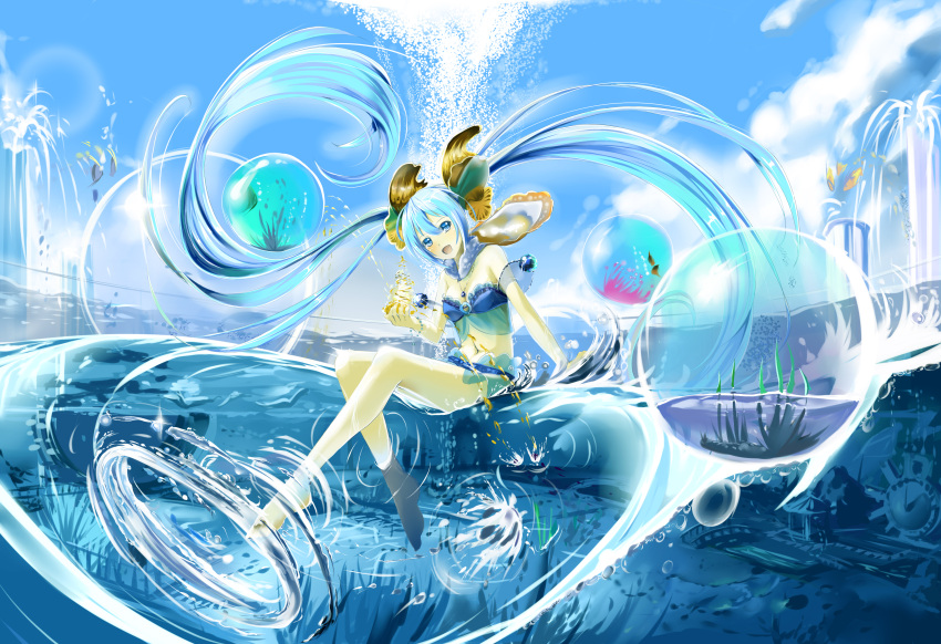 1girl :d absurdres bare_shoulders barefoot bikini blue_bikini blue_eyes blue_hair blush breasts bubble cleavage day fish floating_hair full_body hair_ornament hatsune_miku highres jewelry kyaro_(kyaro54) long_hair looking_at_viewer navel open_mouth partially_submerged pendant seashell shell sitting small_breasts smile solo stomach swimsuit twintails very_long_hair vocaloid water