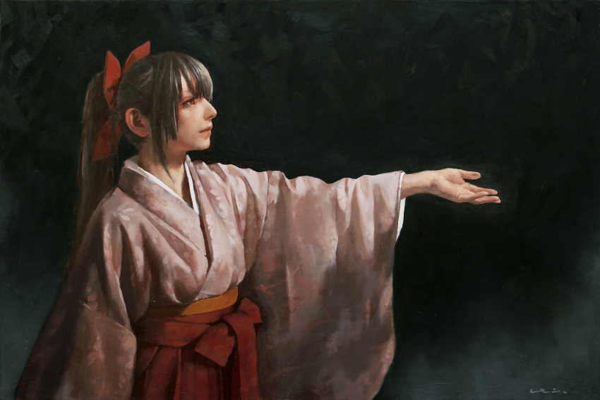 1girl black_background black_hair bow brown_eyes floral_print hair_bow hakama hand_up highres imai_takahiro japanese_clothes oil_painting_(medium) original outstretched_arm ponytail profile signature simple_background solo texture upper_body
