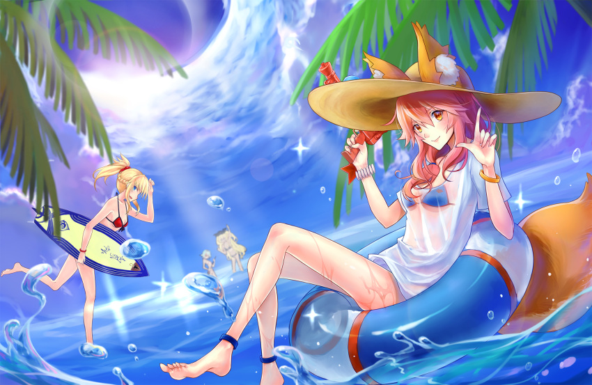 4girls animal_ears anne_bonny_(fate/grand_order) anne_bonny_(swimsuit_archer)_(fate) barefoot bikini blue_bikini blush breasts fate/extra fate/grand_order fate_(series) fox_ears fox_tail hat highres large_breasts long_hair looking_at_viewer mary_read_(fate/grand_order) mary_read_(swimsuit_archer)_(fate) mordred_(fate) mordred_(fate)_(all) mordred_(swimsuit_rider)_(fate) multiple_girls pink_hair swimsuit tagme tail tamamo_(fate)_(all) tamamo_no_mae_(fate) tamamo_no_mae_(swimsuit_lancer)_(fate) thighs tokikouhime yellow_eyes