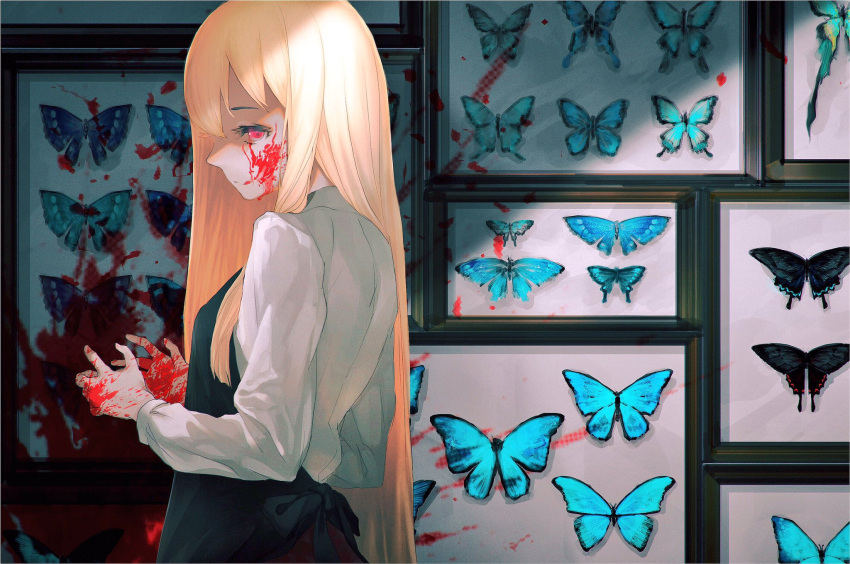 1girl apron bangs black_apron blonde_hair blood blood_on_face blood_splatter bloody_hands butterfly commentary framed framed_insect from_side glowing glowing_eyes hair_between_eyes hands_up highres licking_lips long_hair long_sleeves looking_at_viewer looking_back nonokuro original picture_frame red_eyes shade shaded_face shadow shirt solo straight_hair tongue tongue_out very_long_hair white_shirt