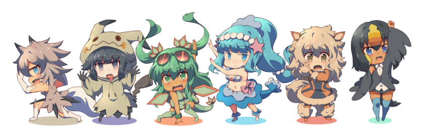 6+girls :d :o animal_ears arcanine arms_up bangs bare_arms bare_shoulders beads bikini_top black_gloves black_hair blue_eyes blue_hair blue_legwear blue_skirt blush boots bow breasts chibi cleavage clenched_hands commentary_request dark_skin drawstring dress elbow_gloves eyebrows eyebrows_visible_through_hair fang flygon full_body fur_trim gloves green_boots green_eyes green_hair hair_beads hair_between_eyes hair_ornament hands_up high_heels hood kuromiya legs_apart lineup long_hair long_sleeves looking_at_viewer low-tied_long_hair lycanroc medium_breasts mimikyu_(pokemon) multiple_girls navel open_mouth outstretched_arm outstretched_arms palms personification pink_bow pokemon pokemon_(game) pokemon_sm ponytail pose primarina profile short_hair short_shorts shorts sidelocks silver_hair simple_background skindentation skirt sleeveless smile spread_fingers star star_hair_ornament stomach tail thigh-highs thigh_boots toucannon two_side_up very_long_hair white_background white_boots white_gloves wide_sleeves wolf_ears wolf_tail wrist_cuffs