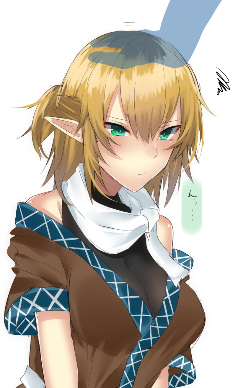 1girl :/ bangs bare_shoulders blonde_hair blush breasts cleavage closed_mouth green_eyes hair_between_eyes half_updo highres large_breasts mizuhashi_parsee off_shoulder onineko-chan petting pointy_ears scarf short_sleeves solo touhou undershirt upper_body white_scarf