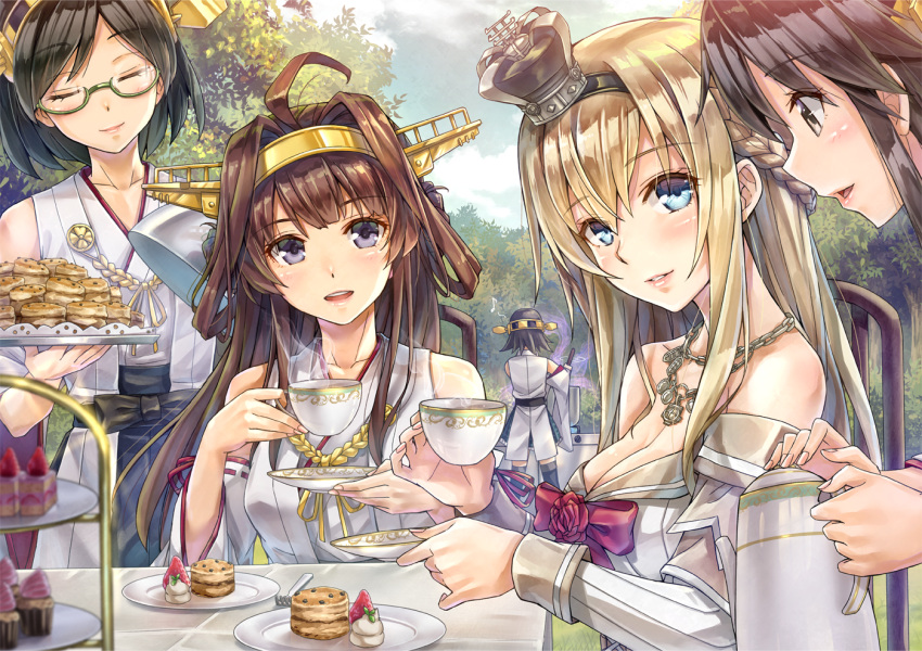 5girls :d ahoge back bad_food bangs bare_shoulders black_hair black_hakama black_legwear black_ribbon blonde_hair blue_eyes blurry blush bow breasts brown_hair cake cleavage closed_eyes closed_mouth clouds cooking crown cup cupcake day depth_of_field detached_sleeves double_bun eyebrows_visible_through_hair eyelashes fingernails flower food fork fruit glasses green-framed_eyewear hair_between_eyes hairband hakama hakama_skirt haruna_(kantai_collection) headgear hiei_(kantai_collection) holding holding_cup japanese_clothes jewelry kantai_collection kirishima_(kantai_collection) kongou_(kantai_collection) kotatsu_(kotatsu358) ladle leaning_forward long_hair looking_at_viewer multiple_girls necklace nontraditional_miko off_shoulder open_mouth outdoors parted_lips pink_lips plate pot red_bow red_rose remodel_(kantai_collection) ribbon ribbon-trimmed_sleeves ribbon_trim rope rose sash scone semi-rimless_glasses serving short_hair sitting sky smile smoke standing stove strawberry swept_bangs table tablecloth tea tea_party teacup teapot thigh-highs tiered_tray tray tree under-rim_glasses warspite_(kantai_collection)