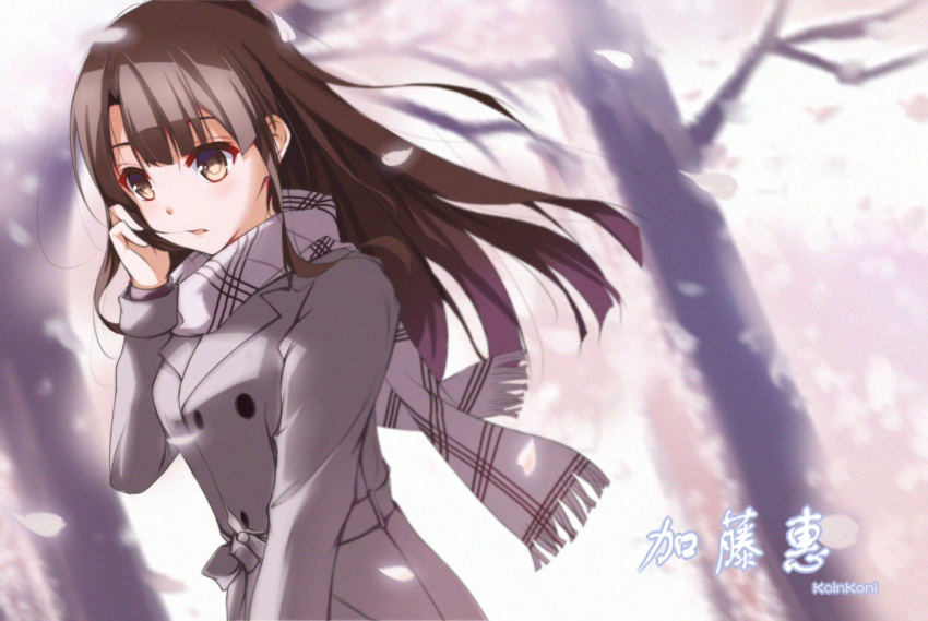 1girl bangs blunt_bangs brown_eyes brown_hair buttons grey_coat holding holding_hair katou_megumi long_hair long_sleeves open_mouth petals plaid plaid_scarf qingchen_(694757286) saenai_heroine_no_sodatekata scarf solo tree trench_coat upper_body white_scarf