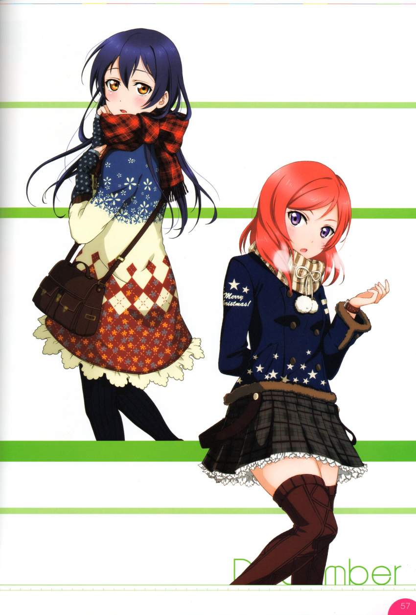 2girls absurdres bag blue_hair blush brown_eyes dress female frills highres long_hair looking_at_viewer looking_back love_live! love_live!_school_idol_festival love_live!_school_idol_project multiple_girls nishikino_maki open_mouth pantyhose redhead ribbon scan scarf short_hair simple_background skirt sonoda_umi star star_print thigh-highs violet_eyes white_background winter_clothes zettai_ryouiki