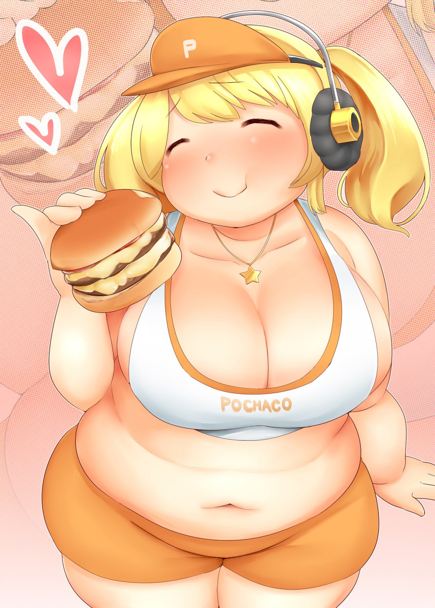 1girl :&gt; :t ^_^ bare_shoulders bike_shorts blonde_hair blush breasts character_name cleavage closed_eyes closed_mouth clothes_writing collarbone crop_top fat food fusa_(starless2323) groin hamburger head_tilt headphones heart highres holding holding_food large_breasts navel nitroplus pinky_out plump shirt smile solo star_necklace super_pochaco thick_thighs torn_clothes torn_shirt twintails visor_cap wide_hips zoom_layer