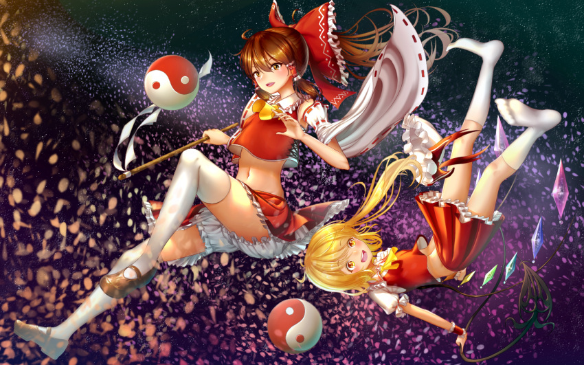 2girls ascot blonde_hair bloomers blouse bow brown_eyes brown_hair cherry_blossoms crazycola crop_top detached_sleeves flandre_scarlet hair_bow hair_tubes hakurei_reimu hat hat_removed headwear_removed kneehighs laevatein long_hair midriff miniskirt mob_cap multiple_girls navel petticoat ponytail puffy_short_sleeves puffy_sleeves red_eyes red_skirt red_vest shirt short_sleeves side_ponytail skirt skirt_set sky sleeveless sleeveless_shirt space star star_(sky) starry_sky thigh-highs touhou underwear vest white_blouse wind wind_lift yin_yang