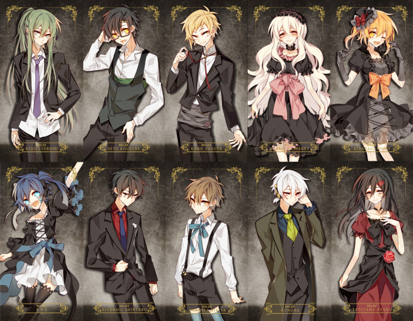 5boys 5girls amamiya_hibiya black_hair black_legwear blonde_hair blue_eyes blue_hair brown_eyes brown_hair character_name dress ene_(kagerou_project) formal gloves green_hair headdress headphones kagerou_project kano_shuuya kido_tsubomi kisaragi_momo kisaragi_shintarou konoha_(kagerou_project) kozakura_marry long_coat long_hair multiple_boys multiple_girls necktie ponytail red_eyes seto_kousuke short_hair short_ponytail silver_hair suit tateyama_ayano twintails violet_eyes vkekrdhs yellow_eyes