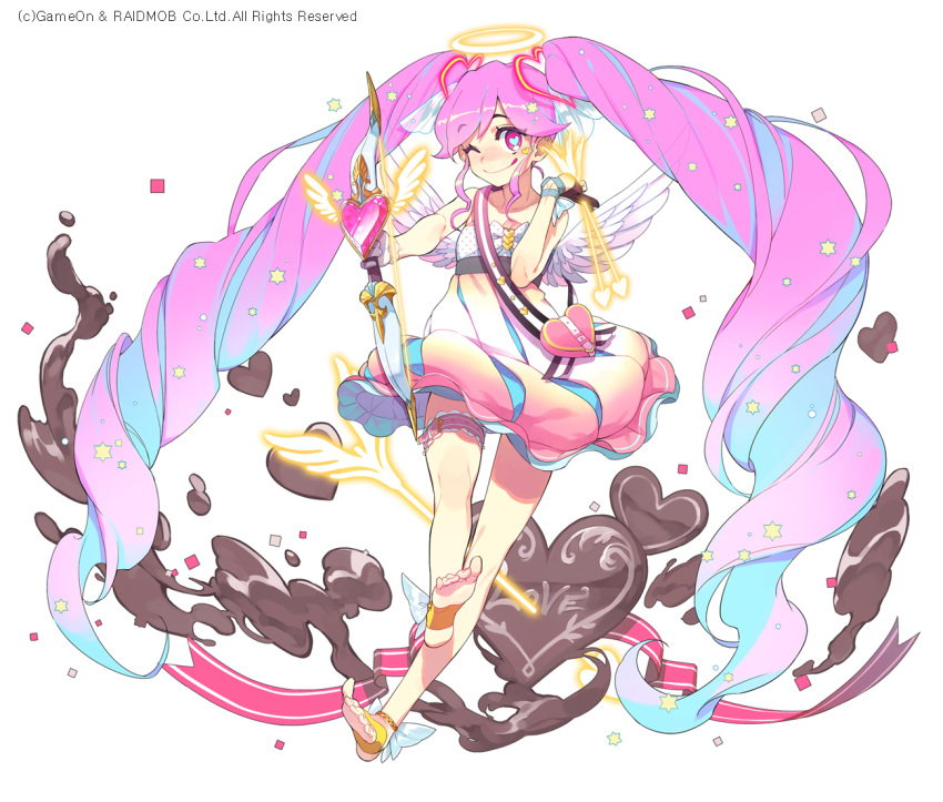 1girl ;q absurdly_long_hair blue_hair bow halo holding_arrow holding_bow_(weapon) long_hair multicolored_hair one_eye_closed pink_hair toes tongue tongue_out twintails two-tone_hair very_long_hair