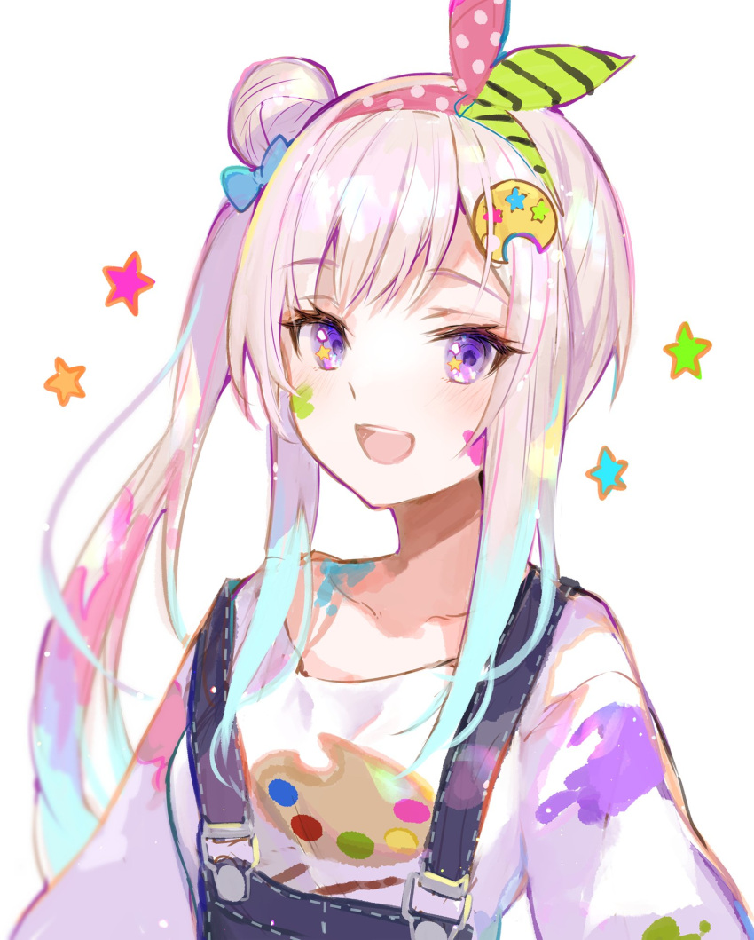 1girl airani_iofifteen collarbone fuzichoco hair_ornament hair_ribbon hairband hairclip highres hololive hololive_indonesia multicolored_hair open_mouth overalls paint_splatter pink_hair ribbon side_bun side_ponytail solo two-tone_hair upper_body violet_eyes virtual_youtuber