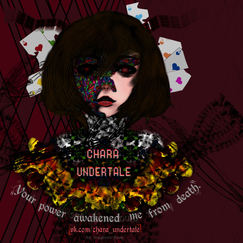 absurdres alice:_madness_returns androgynous artist_name bone card chara_(undertale) check_commentary commentary commentary_request crossover eyes flower heart_in_eye highres looking_at_viewer mosaic ranunculus red_background red_eyes short_hair skeletal_arm sketch soggates-nyan_(amurka-chan) spoilers text undertale
