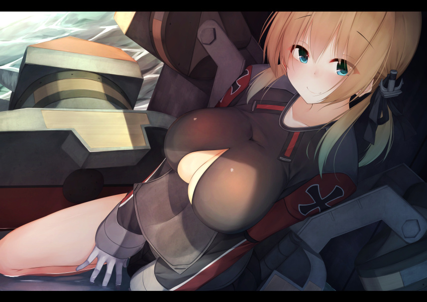 1girl absurdres anchor_hair_ornament between_legs blonde_hair blue_eyes blush breasts closed_mouth collarbone eyebrows_visible_through_hair eyes_visible_through_hair from_above gloves grey_jacket hair_ornament hand_between_legs highres iron_cross kantai_collection kneeling large_breasts long_sleeves looking_at_viewer machinery ocean open_clothes outdoors prinz_eugen_(kantai_collection) rerrere shiny shiny_clothes sleeves_past_wrists smile solo sunlight turret twintails white_gloves