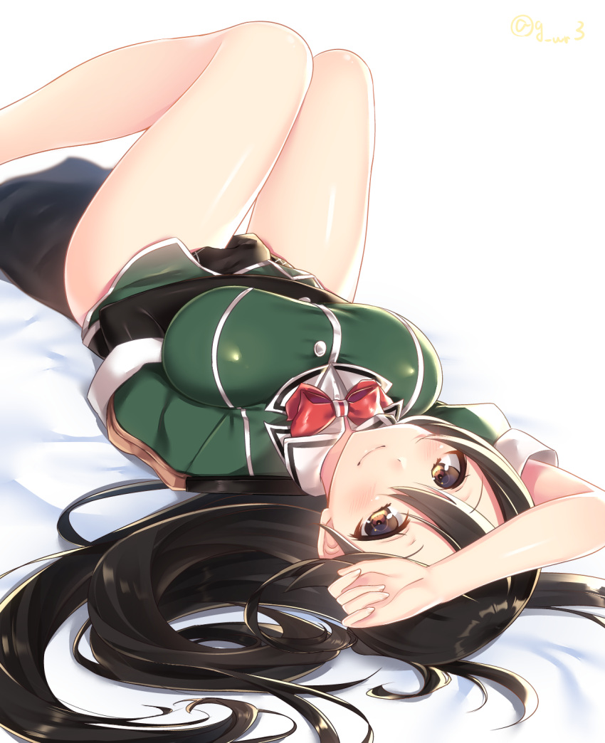 1girl arm_up black_gloves blush bow bowtie breasts brown_hair chikuma_(kantai_collection) closed_mouth gloves green_shirt highres jiiwara kantai_collection large_breasts loincloth long_hair long_skirt lying on_back pelvic_curtain puffy_short_sleeves puffy_sleeves red_bow red_bowtie remodel_(kantai_collection) shirt short_sleeves simple_background single_glove skirt smile solo twitter_username upside-down white_background