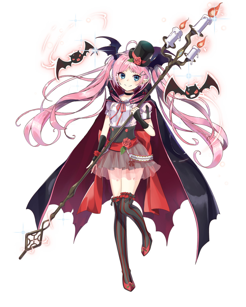 1girl bat blue_eyes candle candlelight cape choker floating_hair full_body hair_ornament hairclip hat head_wings highres holding holding_staff layered_skirt long_hair official_art over-kneehighs pink_hair pointy_ears royal_flush_heroes short_sleeves smile solo staff striped striped_legwear sylvia_(royal_flush_heroes) thigh-highs top_hat transparent_background twintails vertical-striped_legwear vertical_stripes