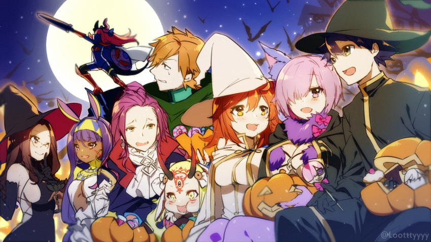 3boys 6+girls :d ;) animal_ears archer_(fate/extra) armor armored_boots bat bikini_armor black_gloves black_hair black_legwear blonde_hair blush boots breasts brown_eyes brown_hair candy cape cleavage dark_skin dragon_horns dragon_tail earrings eating elizabeth_bathory_(brave)_(fate) fate/extra fate/grand_order fate_(series) food fujimaru_ritsuka_(female) fujimaru_ritsuka_(male) full_moon glasses gloves hair_over_one_eye hat holding holding_sword holding_weapon horns ibaraki_douji_(fate/grand_order) jack-o'-lantern jackal_ears jewelry lancer_(fate/extra_ccc) leonardo_da_vinci_(fate/grand_order) lollipop long_hair moon multiple_boys multiple_girls night nitocris_(fate/grand_order) olga_marie one_eye_closed oni open_mouth orange_hair pantsu_(lootttyyyy) purple_gloves purple_hair purple_legwear romani_akiman shield shielder_(fate/grand_order) shoulder_armor sideboob sitting smile sweatdrop sword tail thigh-highs vampire_costume violet_eyes weapon witch_hat wolf_ears yellow_eyes