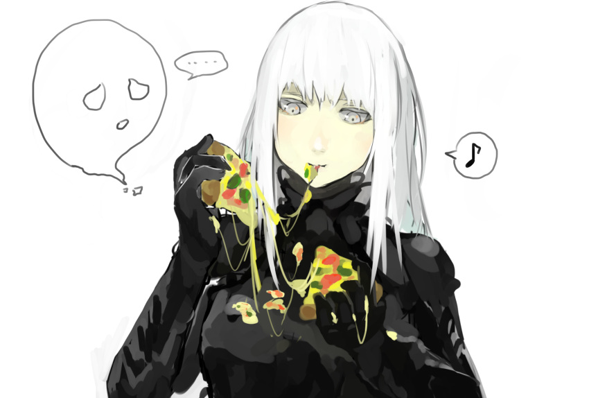 ... 1girl blame! bodysuit cheese_trail cibo eating food food_on_clothes grey_eyes highres iko musical_note orihika pizza silver_hair simple_background slice_of_pizza speech_bubble spoken_musical_note white_background