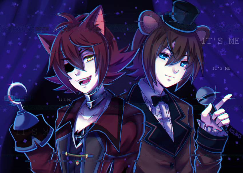 2boys animal_ears bear_ears blue_eyes brown_hair curtains eyepatch fangs felicia-val five_nights_at_freddy's fox_ears foxy_(fnaf) freddy_fazbear glitch hat highres hook_hand looking_at_viewer microphone mini_hat mini_top_hat multiple_boys open_mouth personification redhead smile top_hat yellow_eyes