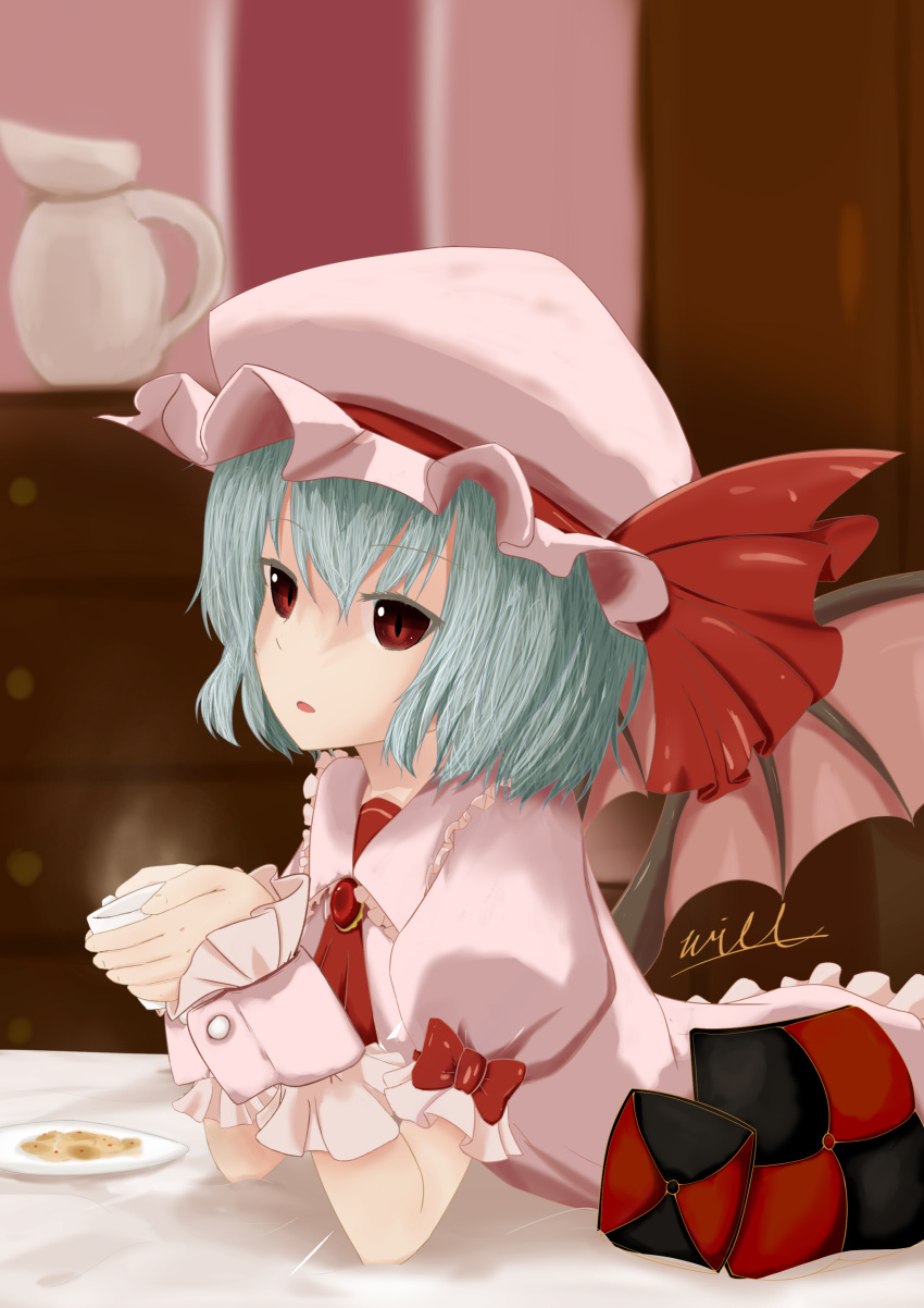 1girl absurdres artist_name artist_request ascot bat_wings blue_hair brooch chest_of_drawers cookie cup dress elbow_rest food hat highres jewelry looking_at_viewer mob_cap open_mouth pillow pink_dress puffy_short_sleeves puffy_sleeves red_eyes remilia_scarlet short_sleeves slit_pupils solo steam touhou wings wrist_cuffs