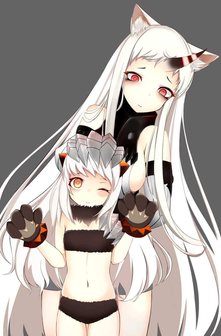 2girls :3 alternate_costume animal_ears bare_shoulders bikini breasts cain_(inosennto007) cat_ears claws detached_sleeves fur_bikini gloves hand_on_another's_head hand_on_another's_shoulder highres horn horns kantai_collection long_hair midriff multiple_girls navel northern_ocean_hime one_eye_closed orange_eyes pale_skin paw_gloves red_eyes seaport_hime sideboob simple_background swimsuit white_hair