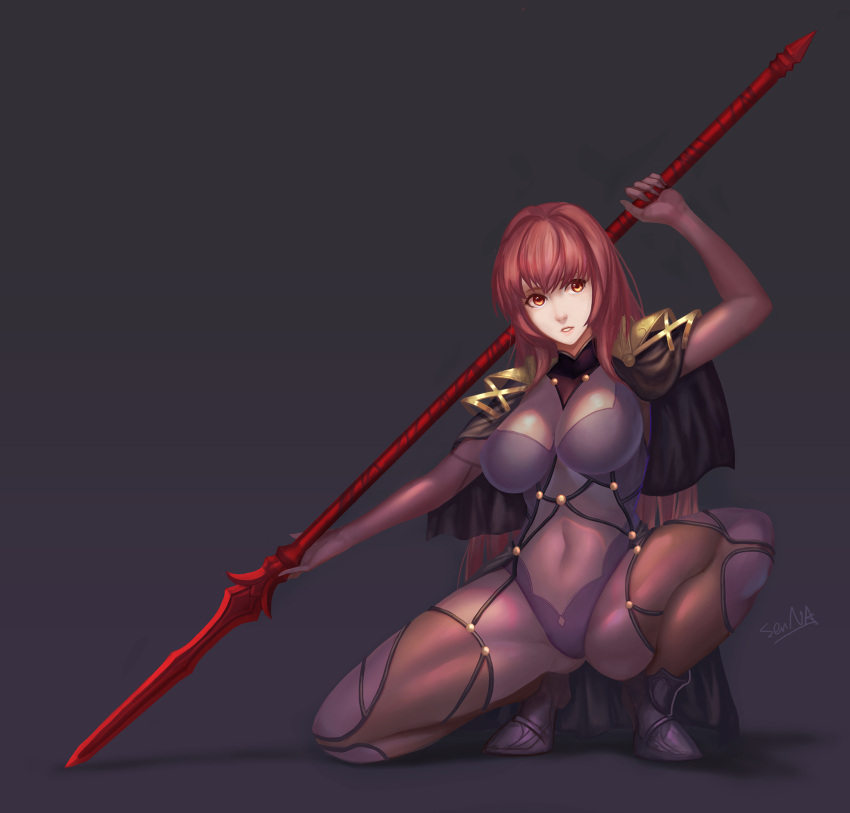 1girl bodysuit breasts d.sum fate/grand_order fate_(series) highres large_breasts long_hair polearm purple_hair red_eyes scathach_(fate/grand_order) skin_tight solo squatting weapon