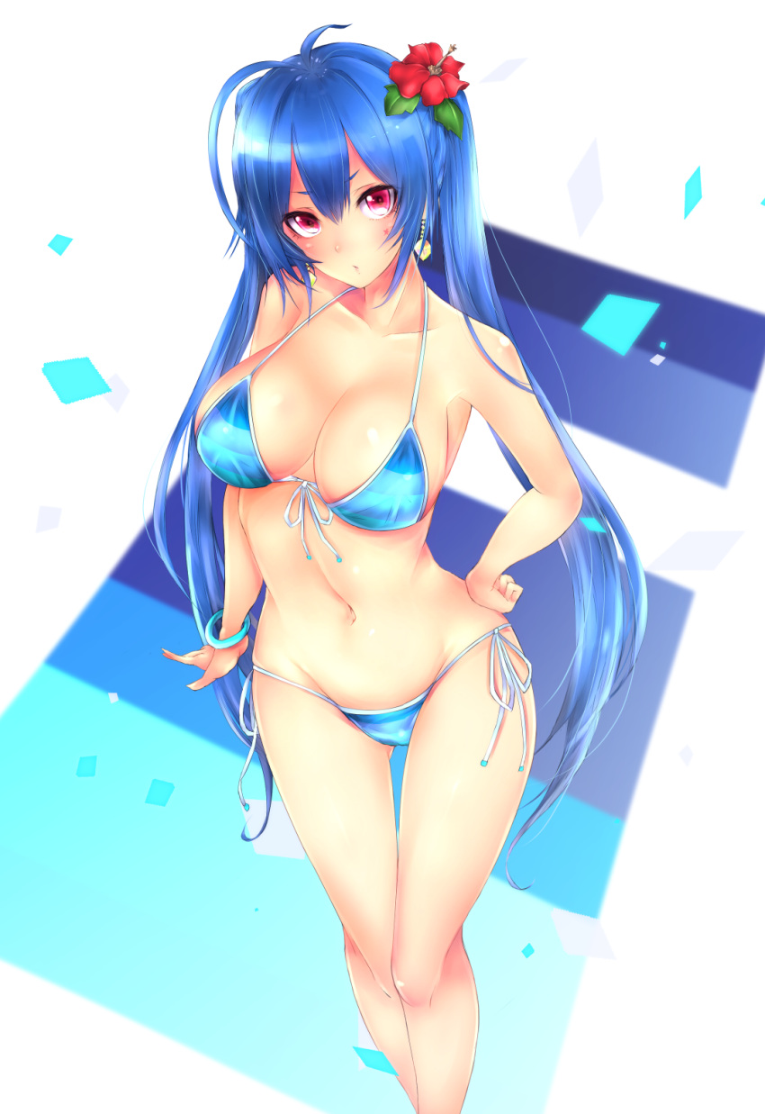 1girl bikini blue_hair bracelet breasts cleavage collarbone earrings flower frofrofrost front-tie_bikini front-tie_top groin hair_flower hair_ornament hand_on_hip hibiscus highres jewelry large_breasts long_hair looking_at_viewer navel phantasy_star phantasy_star_online_2 pink_eyes red_flower side-tie_bikini simple_background solo swimsuit very_long_hair white_background