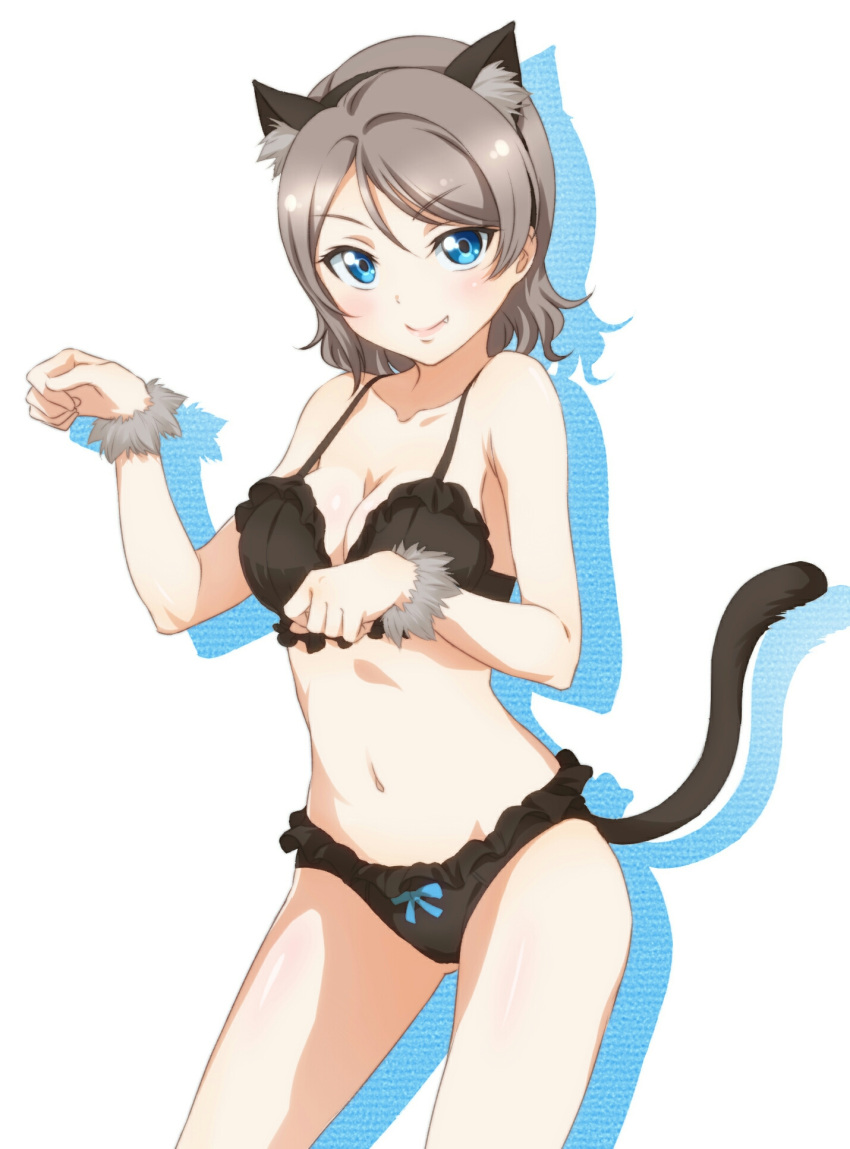 1girl animal_ears black_bra black_panties blue_eyes bra breasts brown_hair cat_ears cat_tail cleavage fang highres looking_at_viewer love_live! love_live!_school_idol_project love_live!_sunshine!! panties paw_pose ribbon short_hair simple_background smile solo surfing_orange tail underwear watanabe_you
