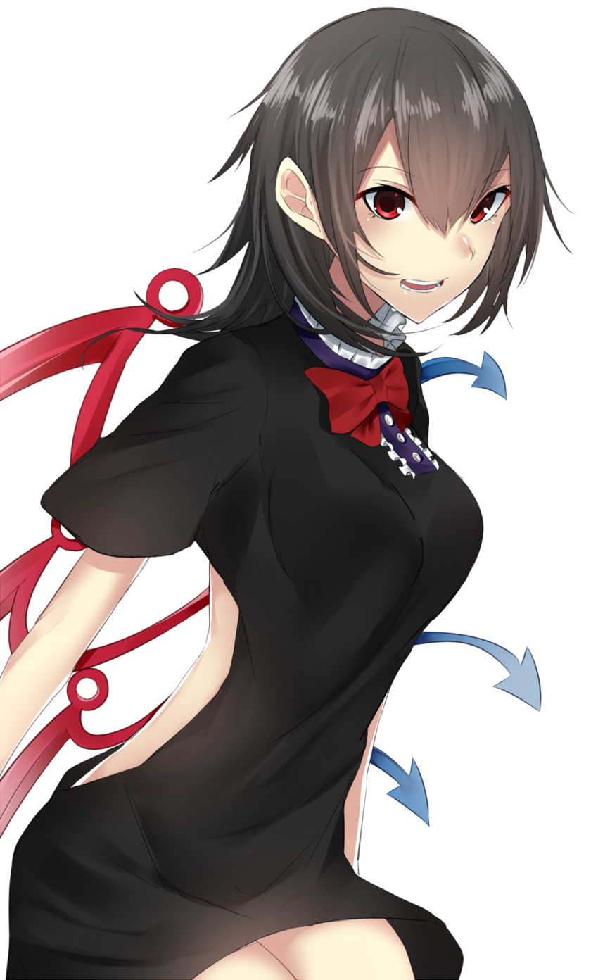 1girl arms_at_sides asymmetrical_wings black_dress black_hair blush bow bowtie breasts cowboy_shot dress from_side highres houjuu_nue leaning_forward looking_at_viewer looking_to_the_side medium_breasts onineko-chan open-back_dress parted_lips red_bow red_bowtie red_eyes short_dress short_sleeves side_glance smile solo touhou wings