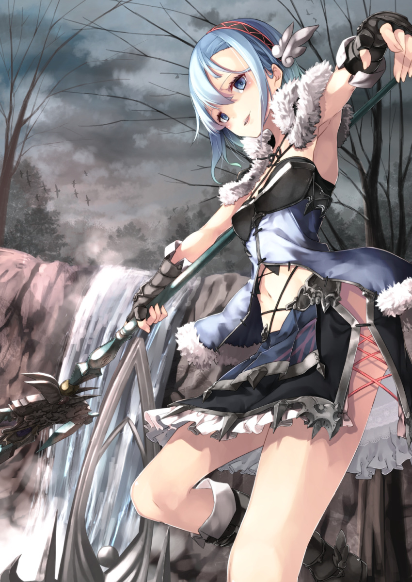 1girl armor armpits bangs bare_tree blue_eyes blue_hair clouds cloudy_sky commentary fingerless_gloves frilled_skirt frills fur_trim gauntlets gloves hair_between_eyes headband highres holding holding_weapon knee_up looking_at_viewer navel original parted_lips polearm saraki short_hair shoulder_pads skirt sky solo spear standing tree water waterfall weapon