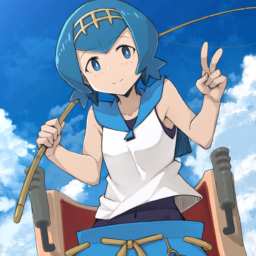 1girl blue_eyes blue_hair blue_sky bright_pupils clouds covered_navel fishing_rod flipped_hair hairband highres holding holding_fishing_rod looking_at_viewer mzrz pokemon pokemon_(game) pokemon_sm sailor_collar shirt short_hair sky sleeveless smile solo suiren_(pokemon) swimsuit swimsuit_under_clothes v white_shirt