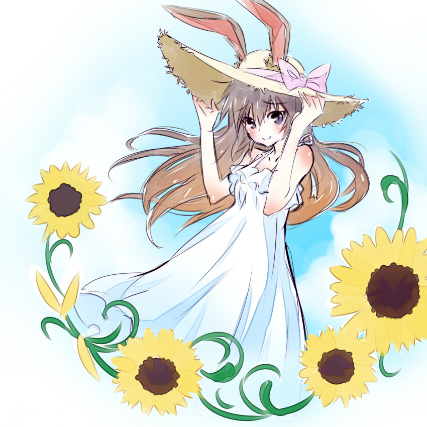 1girl animal_ears brown_hair bunny_girl dress flower hat highres iesupa rabbit_ears rwby sun_hat sundress sunflower velvet_scarlatina white_dress