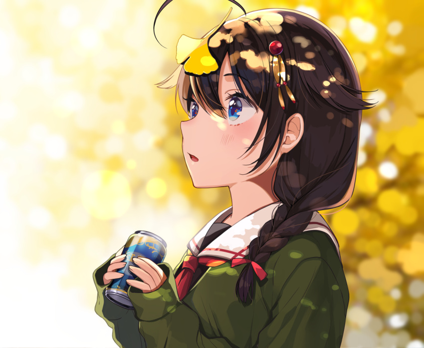 1girl :o ahoge bangs black_hair black_serafuku blue_eyes blurry blush bokeh braid breasts can dappled_sunlight day depth_of_field eyebrows eyebrows_visible_through_hair from_side ginkgo green_jacket hair_between_eyes hair_flaps hair_ornament hair_over_shoulder hair_ribbon holding jacket kantai_collection leaf leaf_on_head long_hair long_sleeves parted_lips remodel_(kantai_collection) ribbon school_uniform serafuku shigure_(kantai_collection) shigure_ui single_braid sleeves_past_wrists small_breasts soda_can solo sunlight surprised upper_body