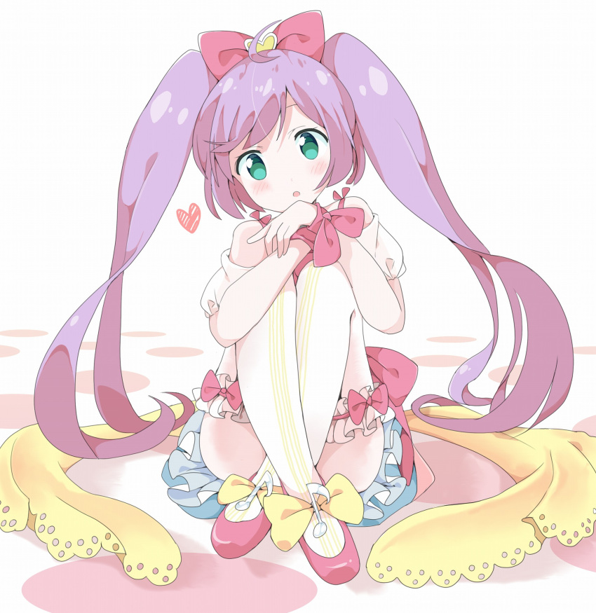 1girl blush bow green_eyes hair_bow heart highres leg_hug long_hair looking_at_viewer manaka_lala pripara purple_hair sitting solo tantan_men_(dragon) thigh-highs twintails