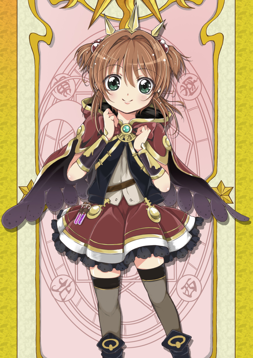 1girl blush cagliostro_(granblue_fantasy) cagliostro_(granblue_fantasy)_(cosplay) cape card_captor_sakura clow_card commentary_request cosplay granblue_fantasy green_eyes hair_bobbles hair_ornament highres kinomoto_sakura looking_at_viewer panyatteria seiyuu_connection short_twintails smile solo tange_sakura test_tube thigh-highs twintails zettai_ryouiki